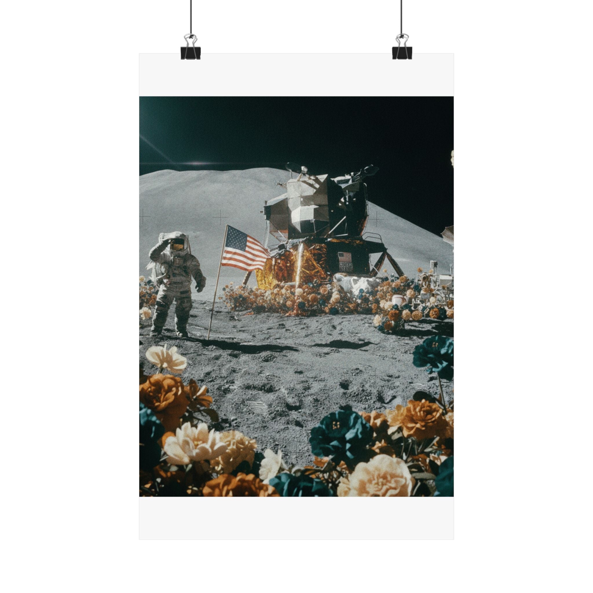 Astronaut Moon Landing in Bloom Surreal Space Poster