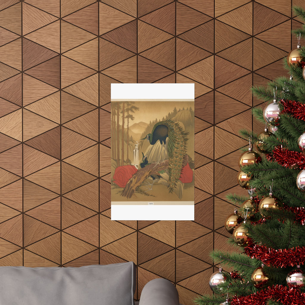 Scenic Nature — Painting Of Peacocks, Pines, A Waterfall, And A Roll Of Red Fabric — Matte Poster