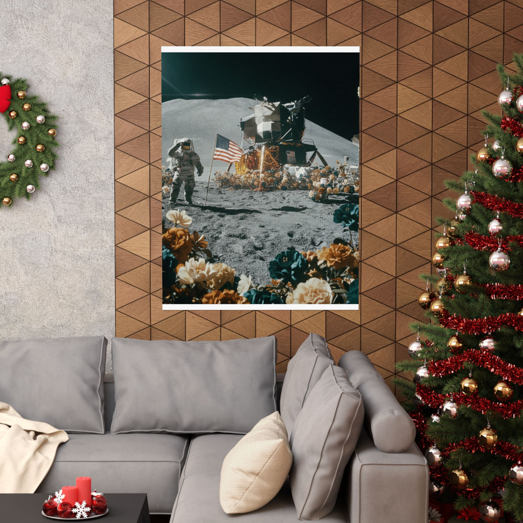 Astronaut Moon Landing in Bloom Surreal Space Poster