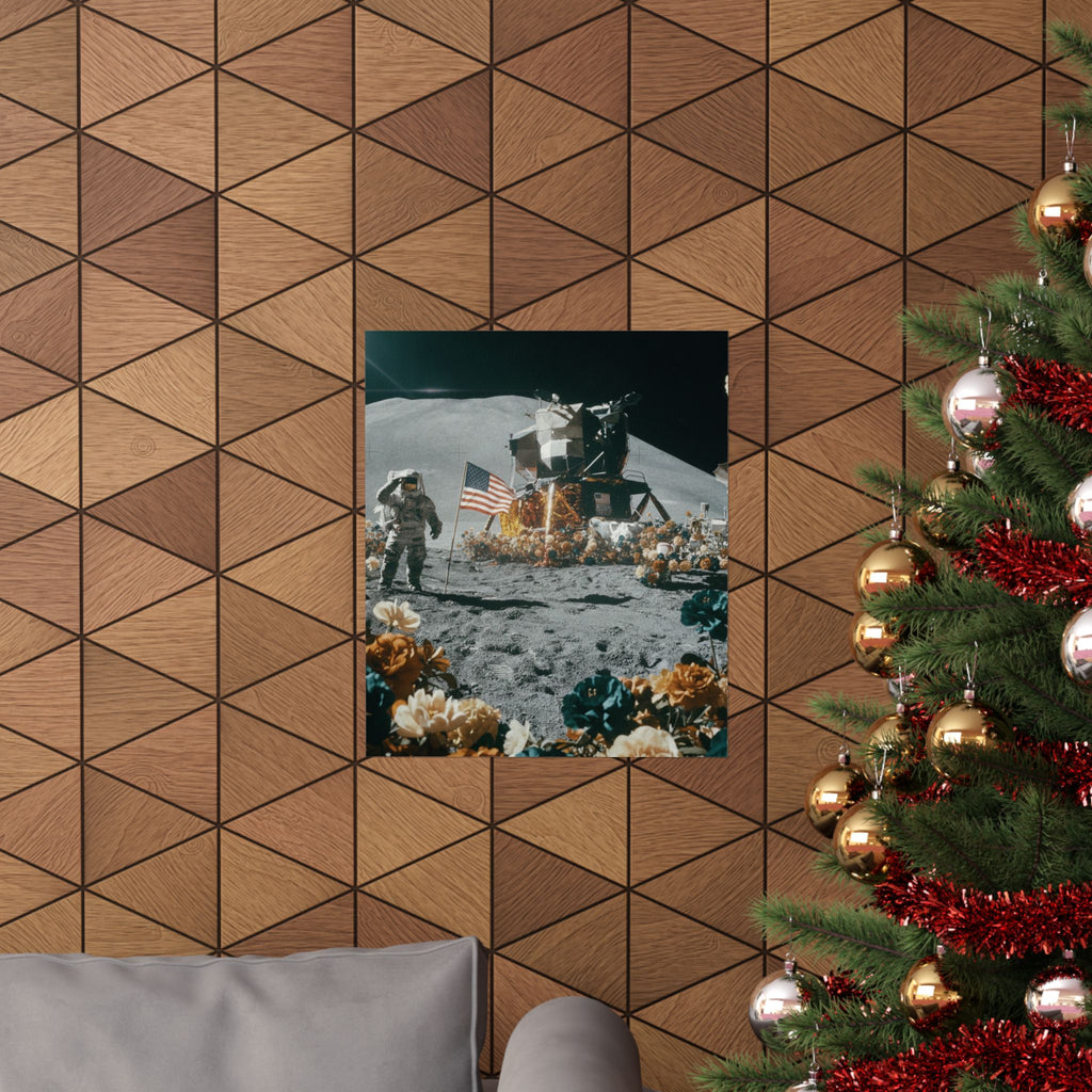 Astronaut Moon Landing in Bloom Surreal Space Poster