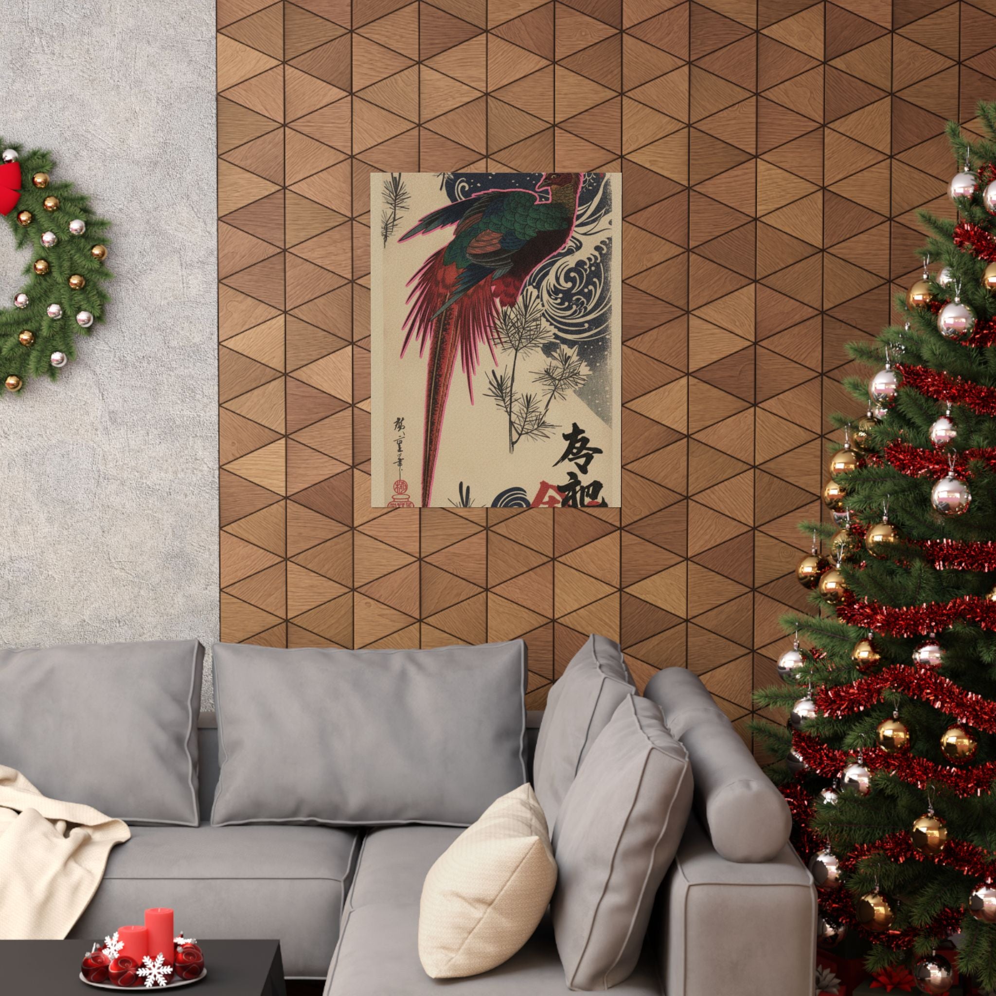 Japanese Street — Golden Pheasant And Pine Shoots In Snow — Matte Poster