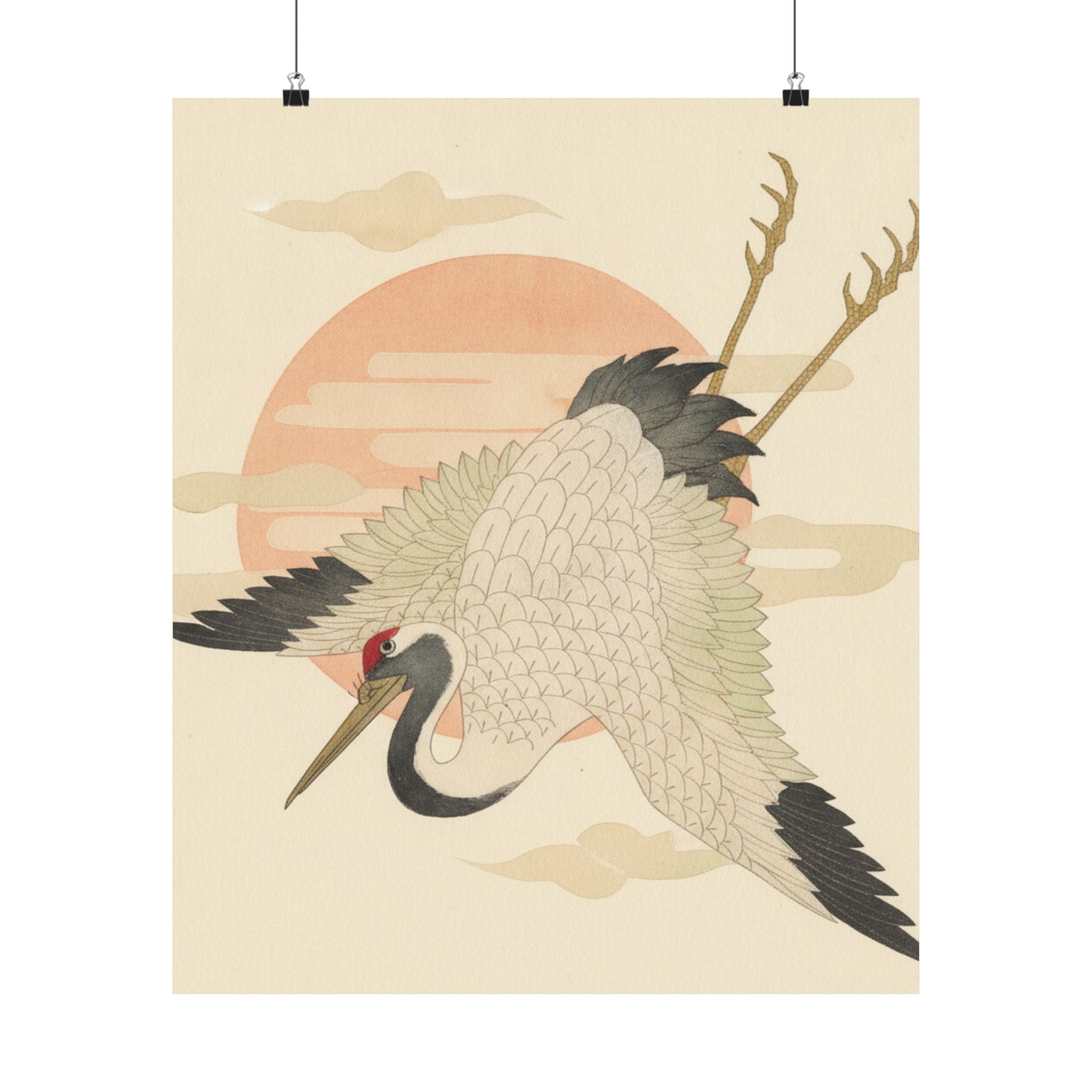 Botanical — White Crane Flying Across The Sun'S Disc — Matte Poster