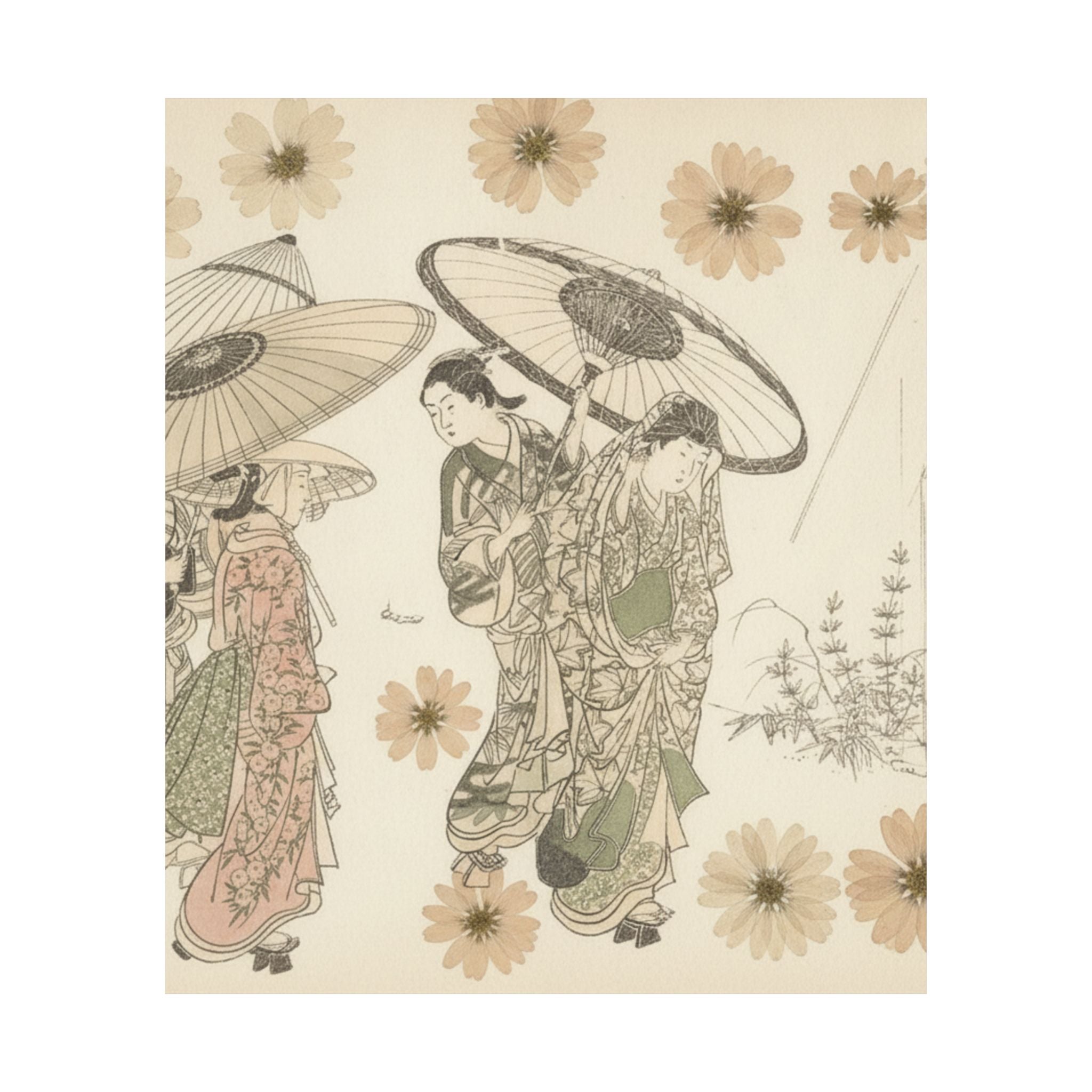 Botanical — A Lady With Three Attendants In The Rain — Matte Poster