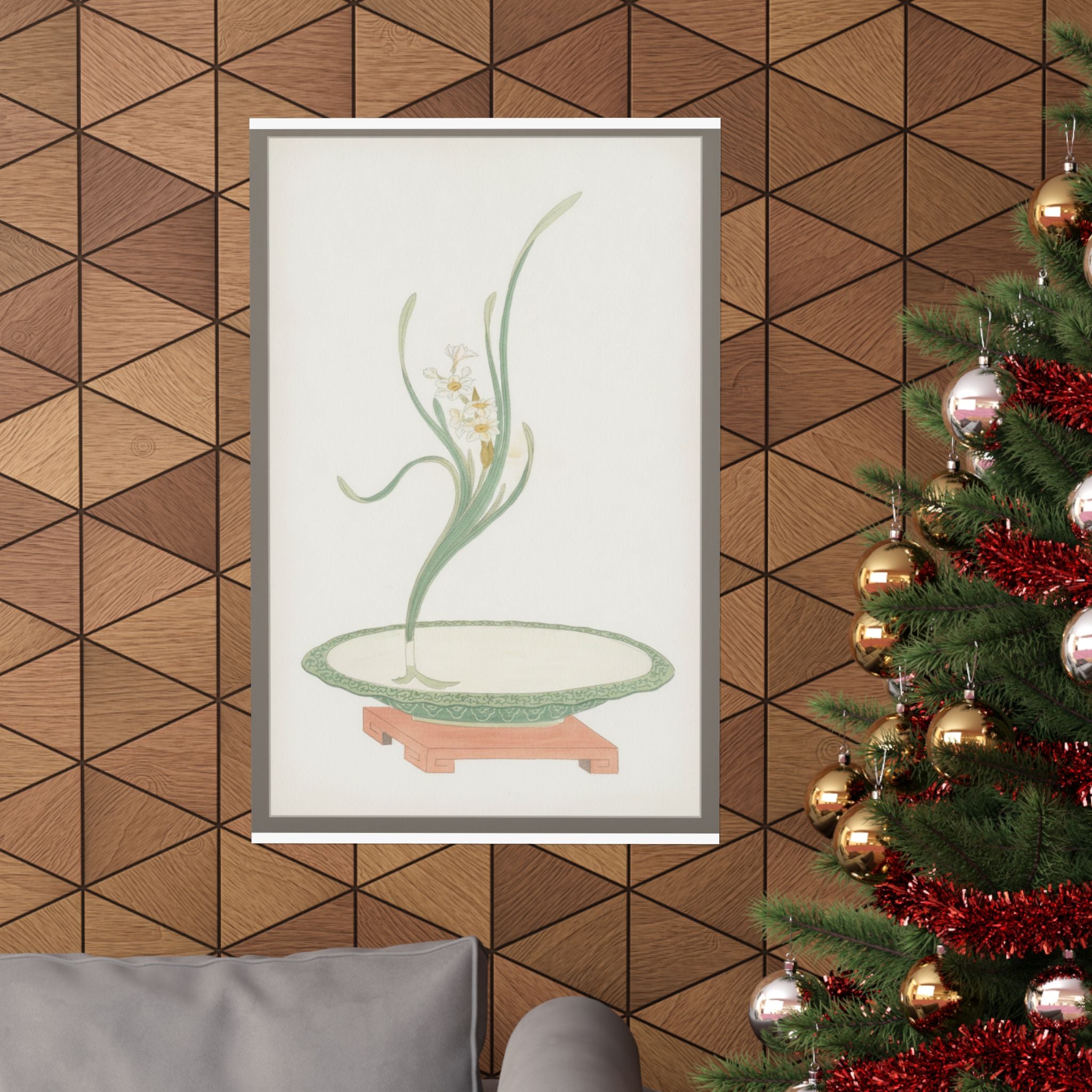 Watercolor — Flower Arrangement Of Suisen (Narcissus) In A Flat Green Dish — Matte Poster