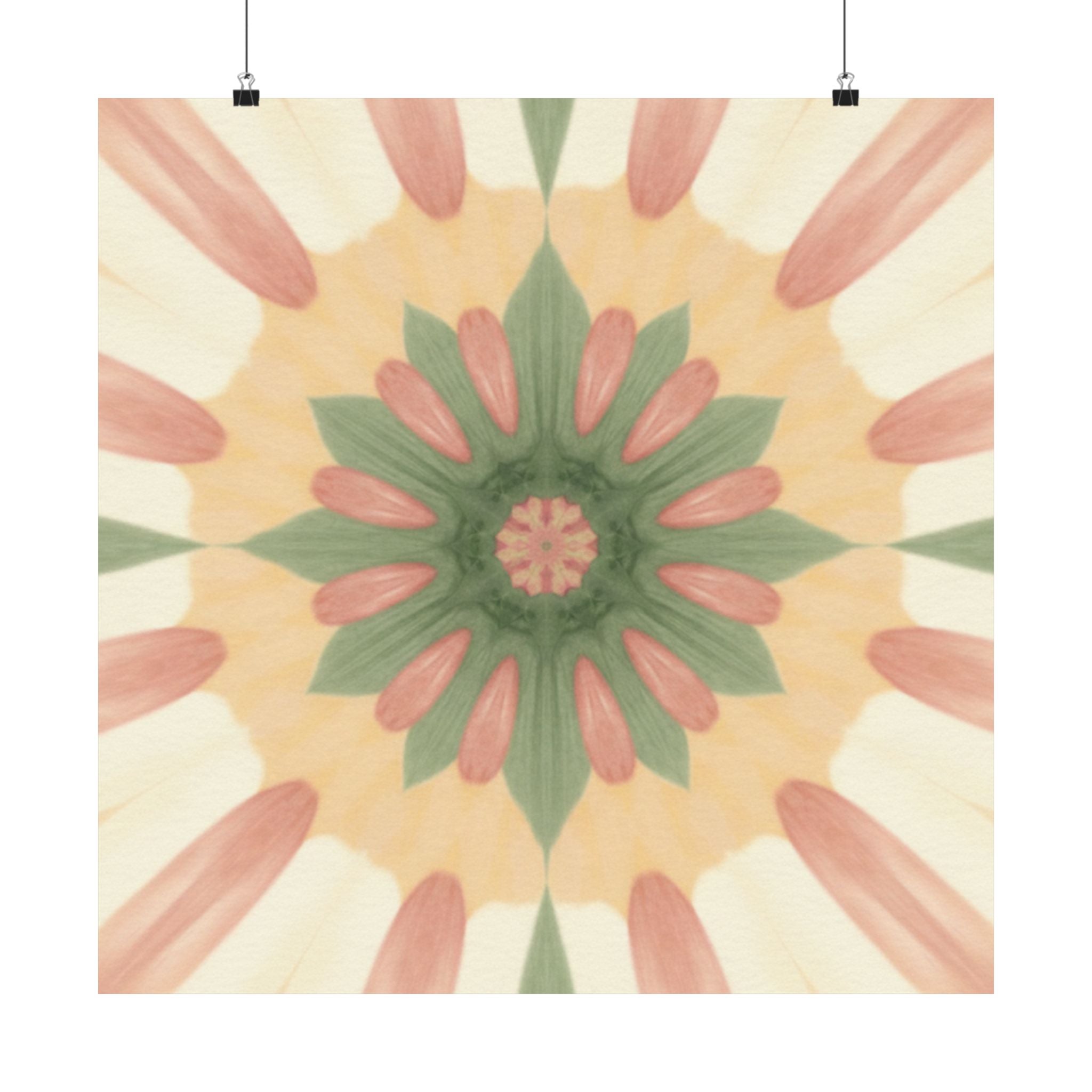 Peach and Sage Floral Kaleidoscope Mandala Poster