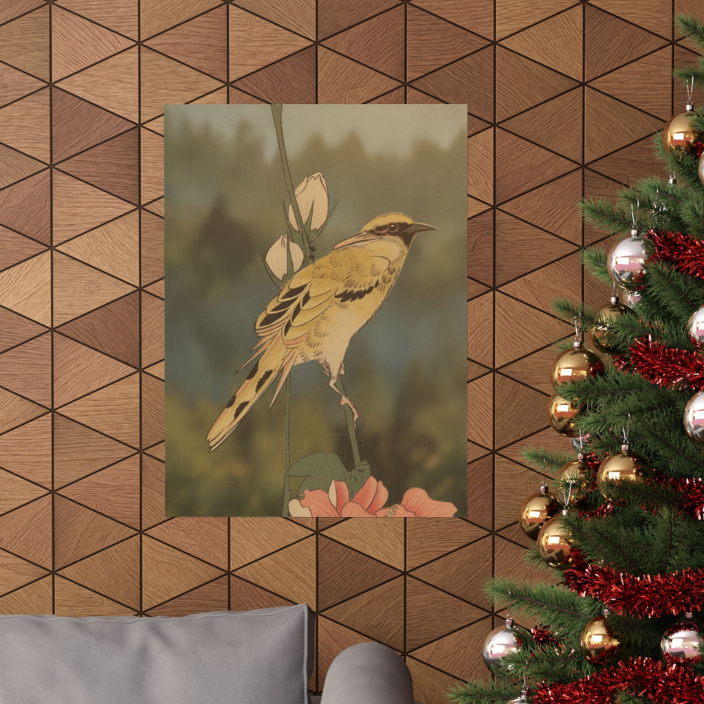 Scenic Nature — Black-Naped Oriole Perched On A Stem Of Rose Mallow — Matte Poster