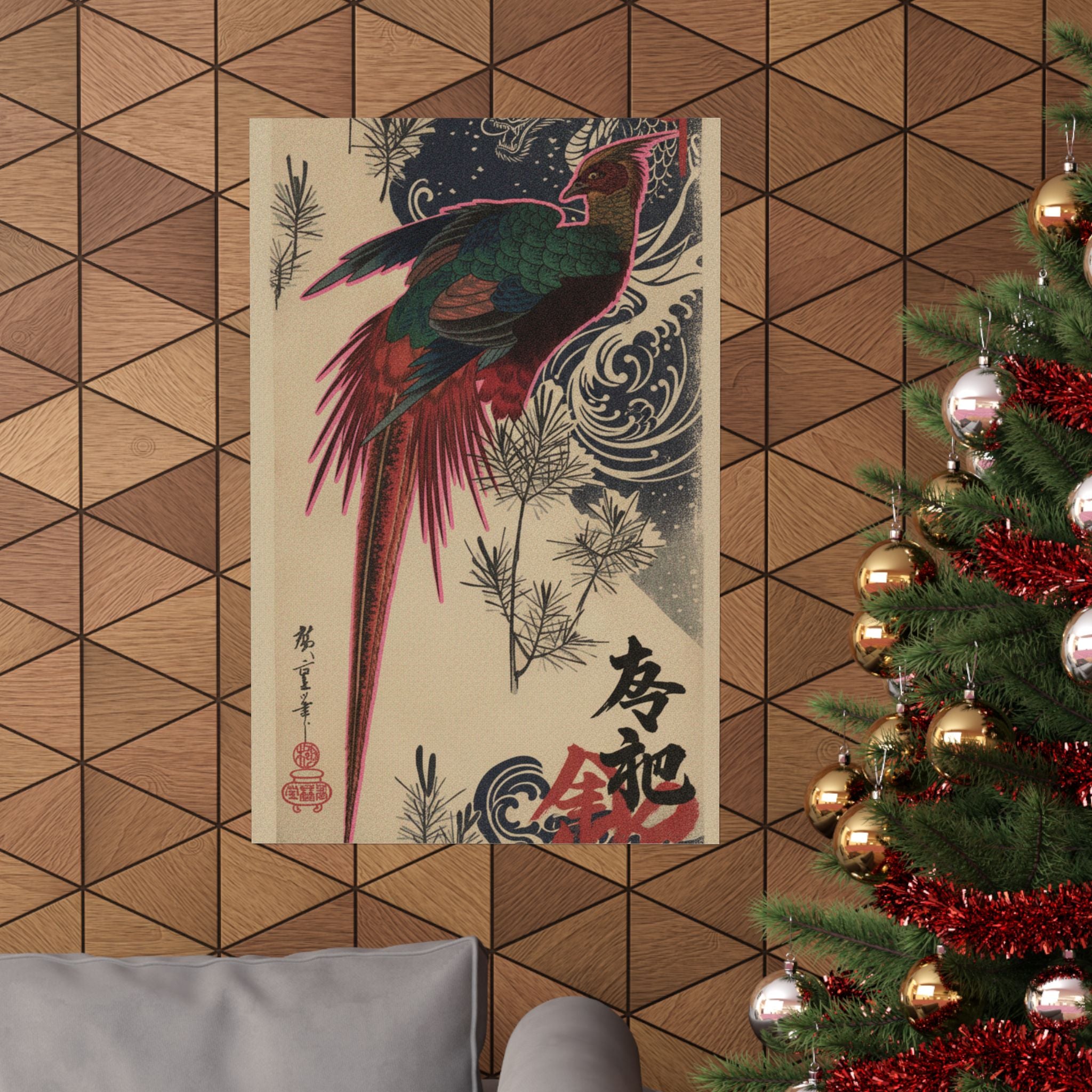 Japanese Street — Golden Pheasant And Pine Shoots In Snow — Matte Poster