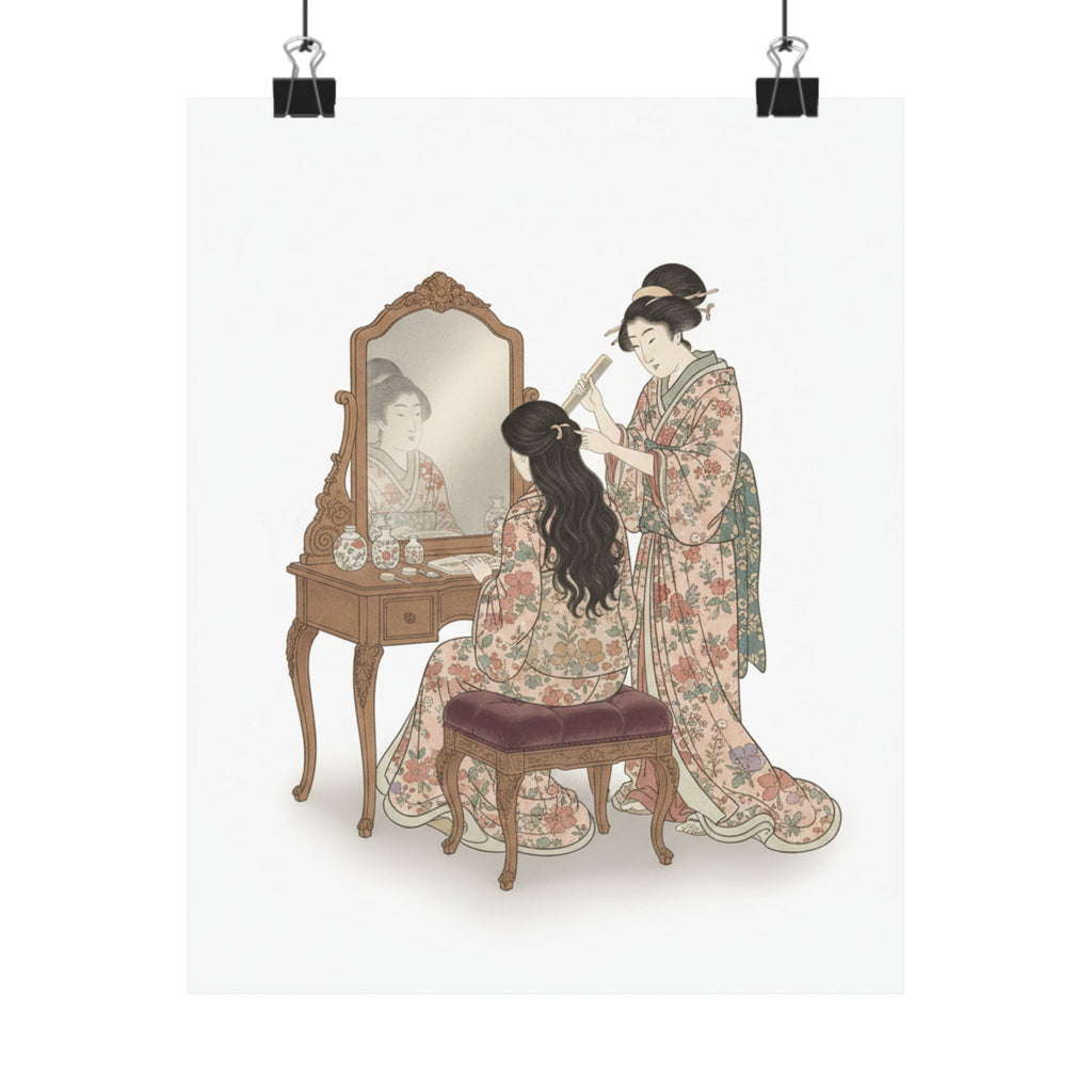 Ecommerce Main — A Woman At Her Toilet Seated Before A Mirror, Having Her Hair Combed By A Kameyu — Matte Poster