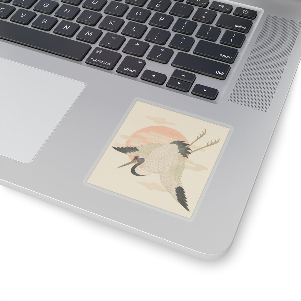 Botanical — White Crane Flying Across The Sun'S Disc — Kiss-Cut Sticker
