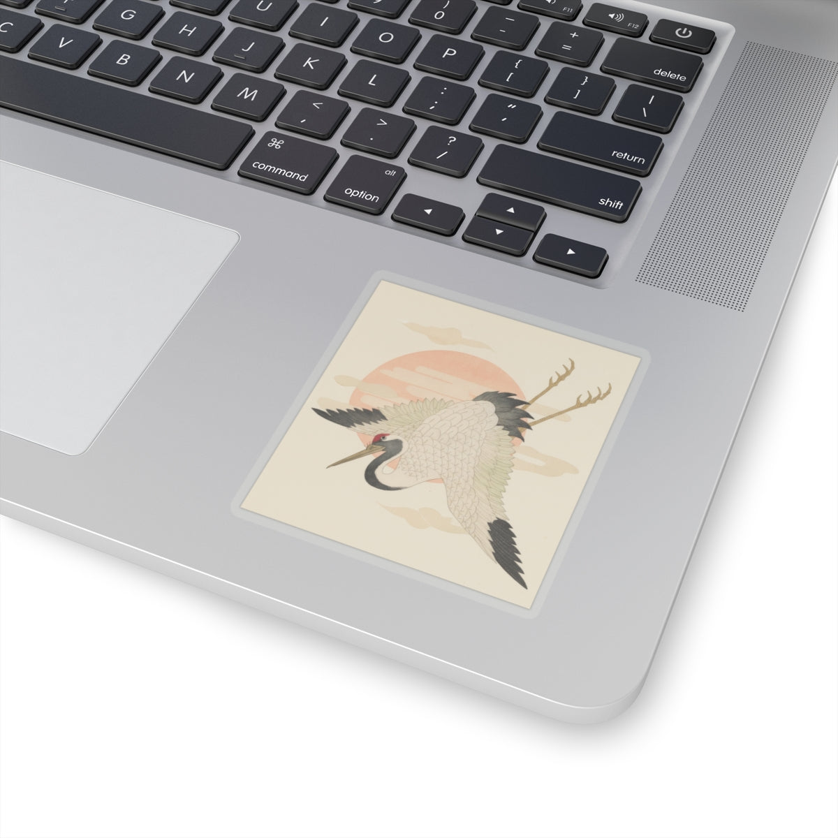 Botanical — White Crane Flying Across The Sun'S Disc — Kiss-Cut Sticker