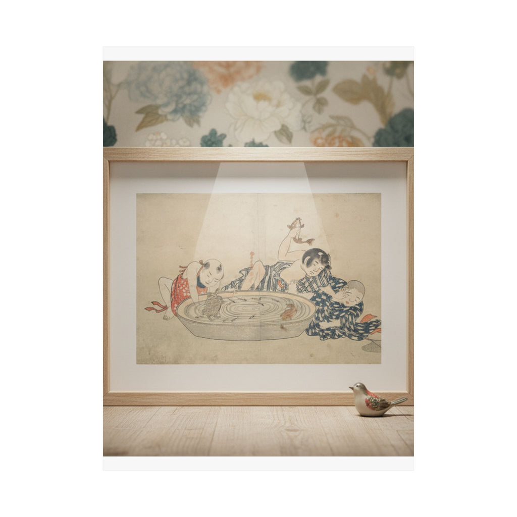 Product Marketing — Boys Playing With A Basin Of Fish And Turtles — Matte Poster
