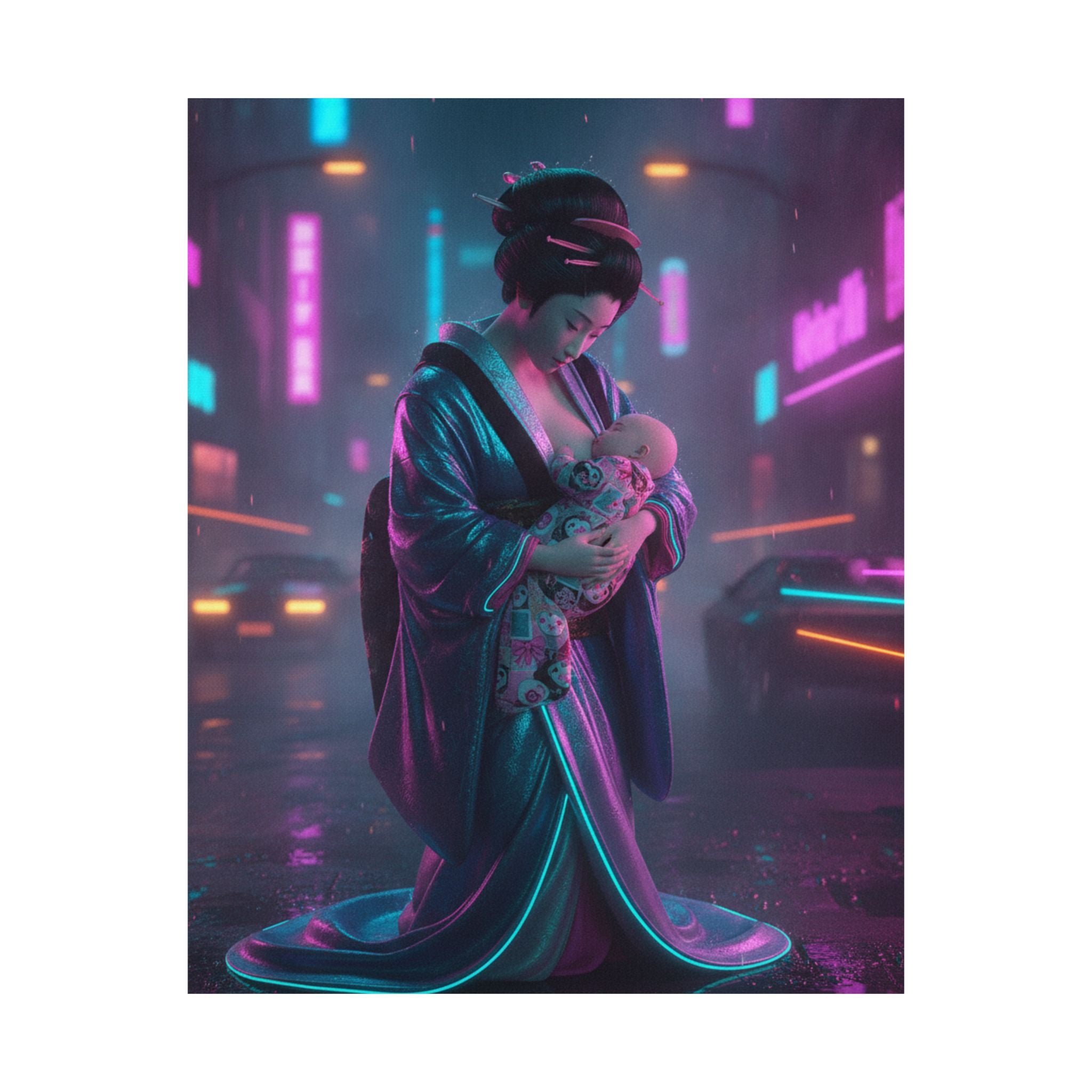 Neon Noir — Young Mother Nursing Her Baby — Matte Poster
